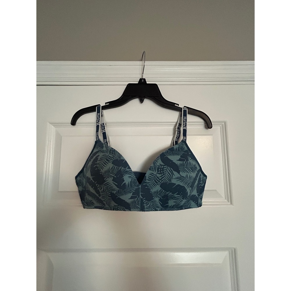 Hurley Womens Tropical Palm Print Wireless Bra Teal Navy Blue 36C